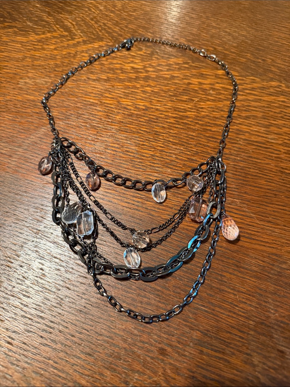Multi-Strand Black Chain Necklace with Clear and Light Pink Beads